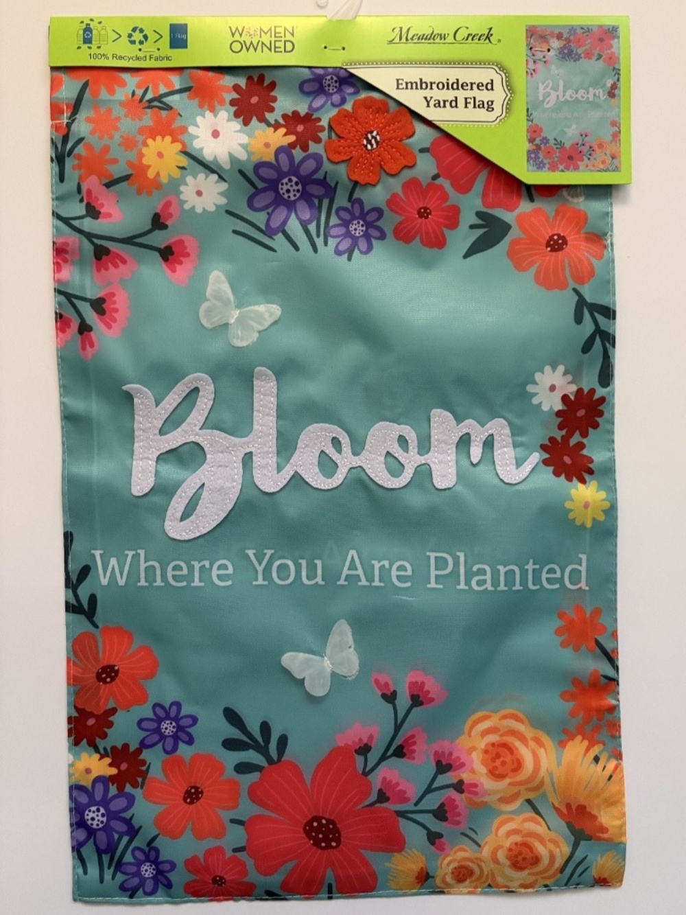 NWT Meadow Creek Butterfly Flower Garden Flag 11x18 Embroidered Yard Decor